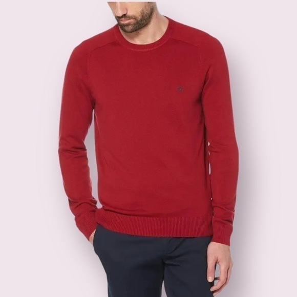 Original Penguin Men Cotton Crewneck Ribbed Long Sleeve Knit Red Sweater Size XL - Picture 1 of 11